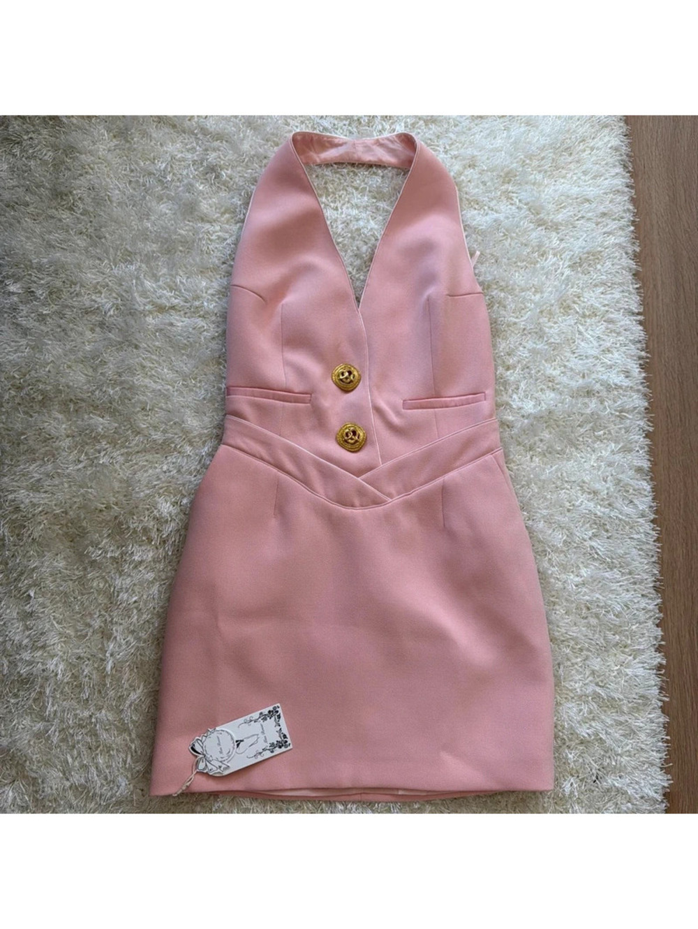Miss Rosier Pink halter neck mini dress with gold buttons size M